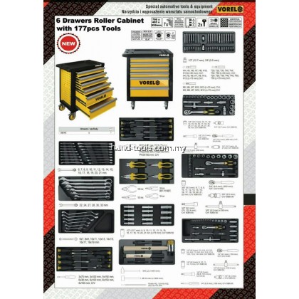 Vorel YT-58540 6 Drawers Roller Cabinet with 177pcs Mechanic Tools