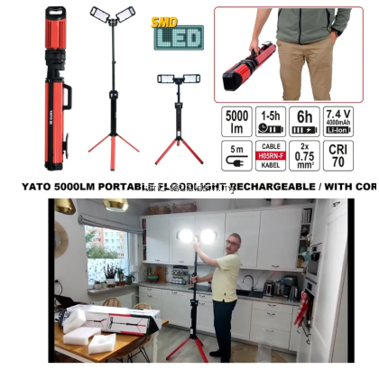 YATO YT-81811 SMD LED 5,000lm Portable Stand Floodlight, Corded/Rechargeable