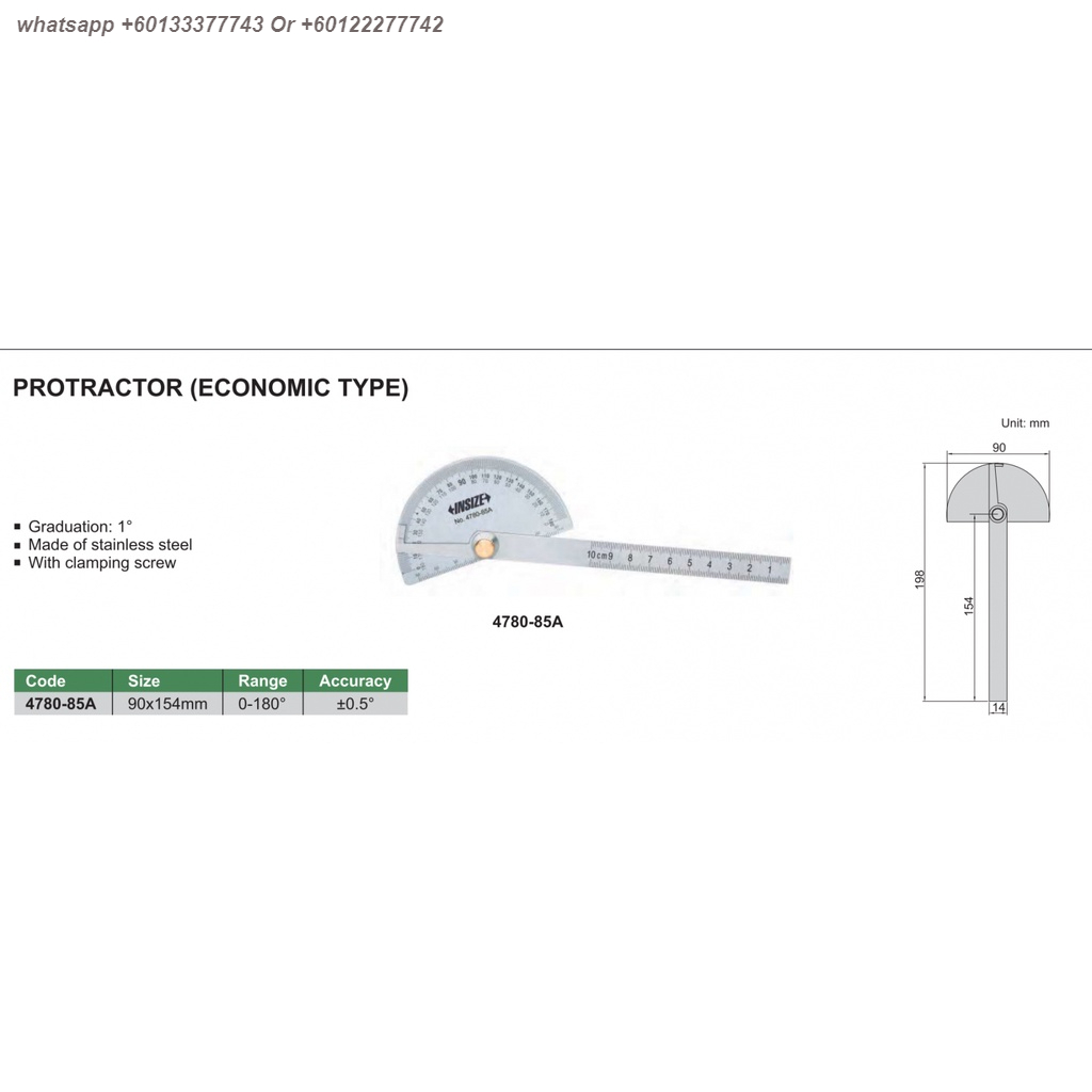 insize 4780-85A Protractor (0-180°)